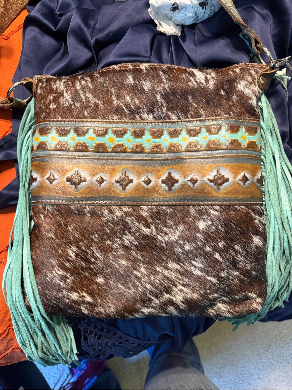 Cowhide Bag with Turquoise Trim and Fringe
